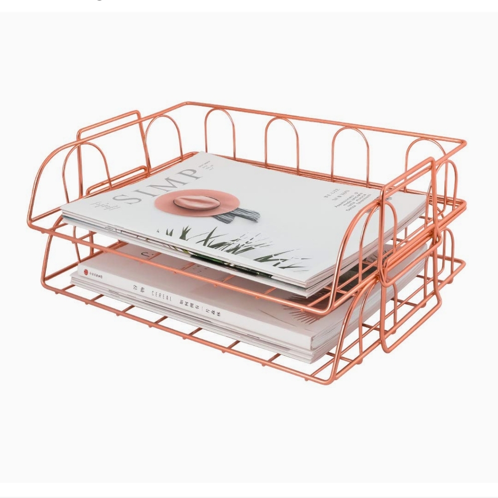 Home office rose gold metal organizer stackable